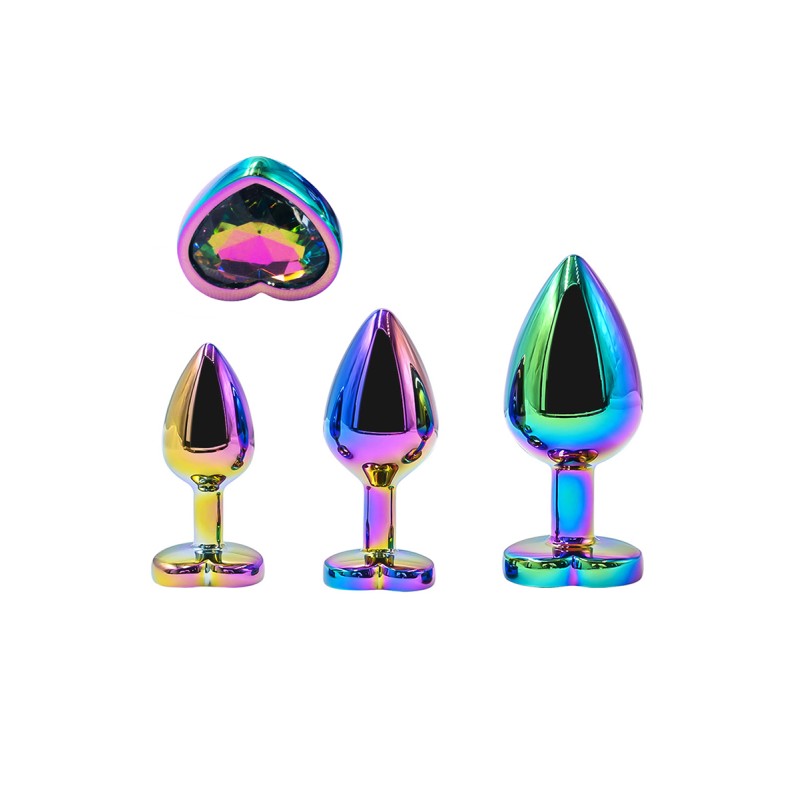3 plugs coeur Crystal Heart métal arc-en-ciel - DIK