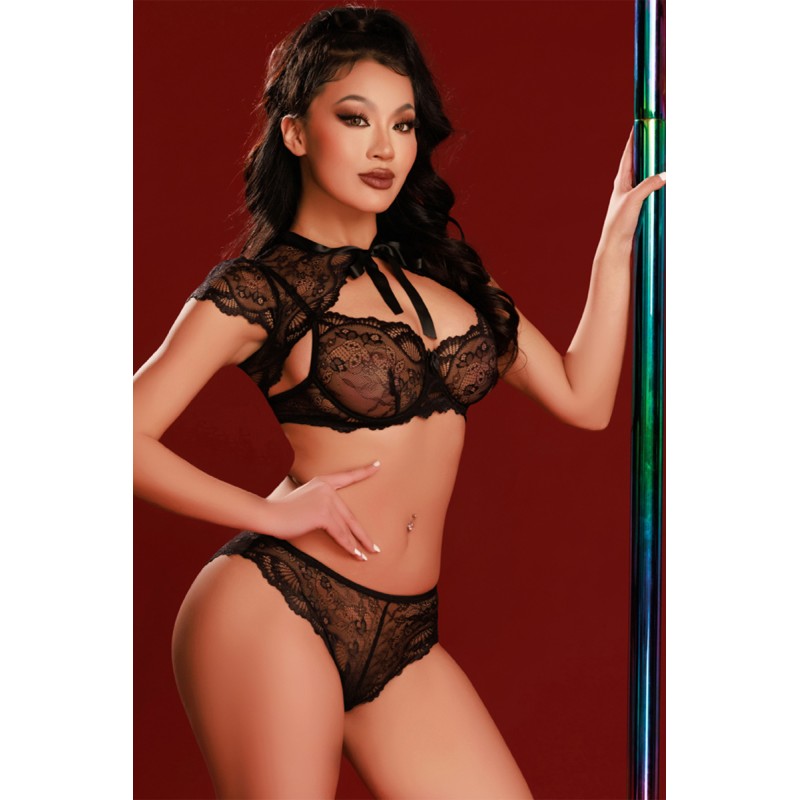 Ensemble soutien-gorge, tanga et caraco noir - J Lingerie