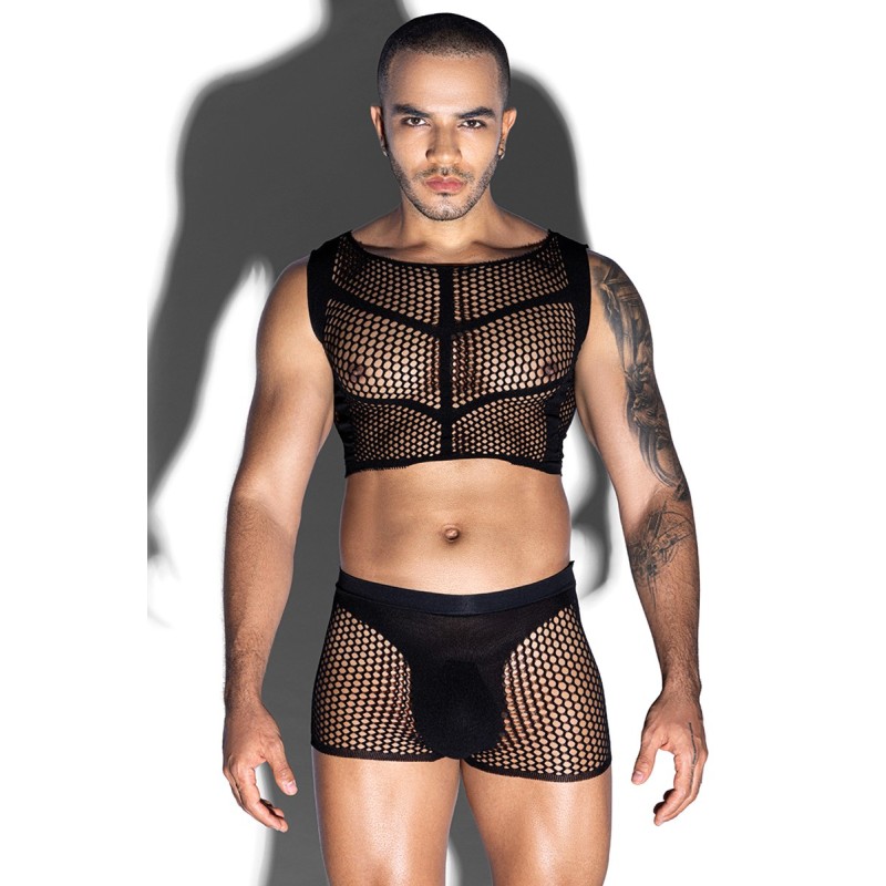 Ensemble top et boxer noir en maille résille - J Lingerie