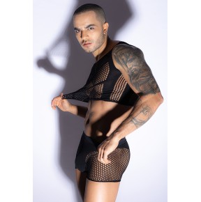 Ensemble top et boxer noir en maille résille - J Lingerie