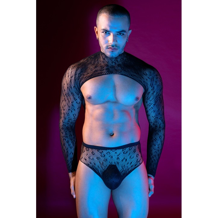 Ensemble top et slip noir en maille résille - J Lingerie