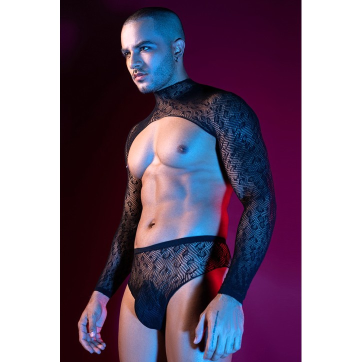 Ensemble top et slip noir en maille résille - J Lingerie