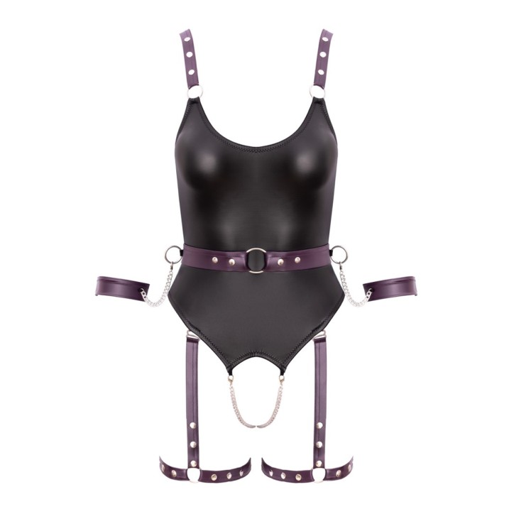 Body à jarretelles ouvert avec menottes - Cottelli Bondage