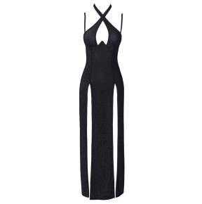 Robe longue à décolleté plongeant noire argentée - Cottelli PARTY 